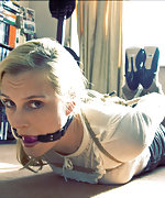 Tightly roped, hogtied and ball-gagged