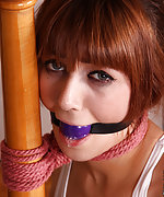 Jamie roped to the banister and ball-gagged