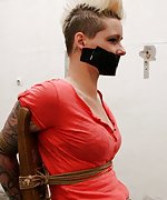 Angela chair-tied, tape-gagged, tit-grabbed